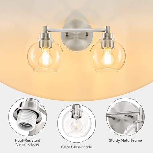 VONLUCE 2 Light Bathroom Vanity Light Fixtures, Brushed Nickel Finish | Globe Glass Shades, E26 Sockets, Easy to install, ETL Certificated, Vanity Lights for Bedroom Hallway Living Room - color: Nickel, size: 2-Light