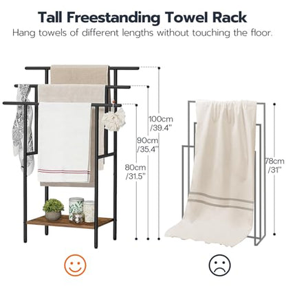 HOOBRO 39.4" Tall Freestanding Towel Rack for Bathroom, 3 Tier Stepped Blanket Rack with Shelf, Oversized Bath Towels Drying and Display Rack, Black and Rustic Brown BF50LB01 - color: Rustic Brown + Black