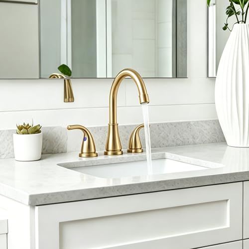 Bathroom Sink Faucet FRANSITON Centerset 8 Inch 2 Handle Bathroom Sink Faucet Lead-Free with Pop-up Drain Stopper and Supply Hoses (Brushed Gold, 8 Inch) - color: Brushed Gold