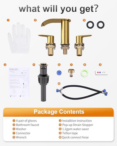 WOWOW Waterfall Bathroom Faucet 3 Holes 8Inch Widespread Bathroom Sink Faucet, Two Handles Lavatory Vanity Sink Faucets with Pop-up Drain & Supply Hoses, Modern Faucet Mixer Taps Gold - color: Gold