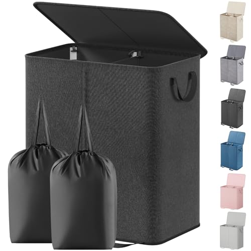 Lifewit Double Laundry Hamper with Lid and Removable Laundry Bags, Large Collapsible 2 Dividers Dirty Clothes Basket with Handles for Bedroom Laundry Room Closet Bathroom College, 155L Black - color: Black, size: 155L