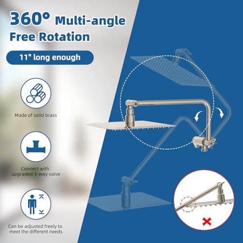 12" Metal Rainfall Shower Head with 10-Mode Handheld, Brushed Nickel | NSF/ANSI/CAN 372 Certified, High Pressure Showerhead Combo with 11" Adjustable Shower Arm, 71" Hose, Shower Head Holder - color: Brushed Nickel, style: Square 12"