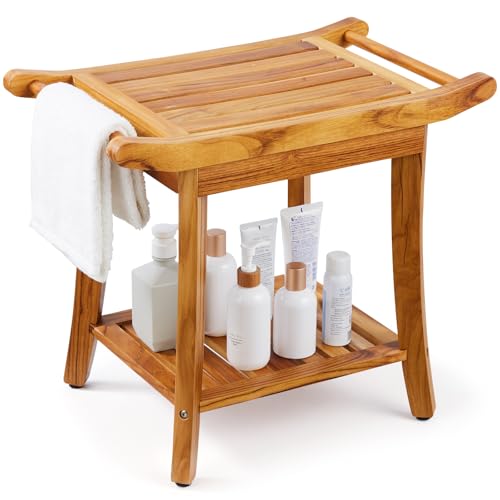 VEVOR Teak Shower Bench, 22 x 14.4 x 18.5 in, Waterproof Wood Shower Stool with Storage Shelf Handle Non-Slip Feet, 300 lbs Maximum Load Capacity Shower Chair Seat, for Bathroom Indoor and Outdoor Use - size: 22in