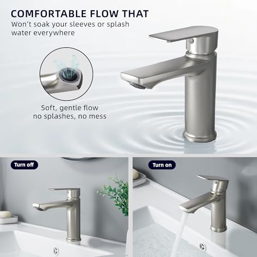 BELZ Nickel Bathroom Faucet 2 Sets,Lead-Free Single Hole Vanity Sink Faucet | NSF372 Certified, Anti-peeling PVD Nickel Finish, Water-saving & Anti-splash, Single Handle Modern Design with Hot/Cold Hoses - color: 2 Pack-Brushed Nickel