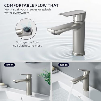 BELZ Nickel Bathroom Faucet 2 Sets,Lead-Free Single Hole Vanity Sink Faucet | NSF372 Certified, Anti-peeling PVD Nickel Finish, Water-saving & Anti-splash, Single Handle Modern Design with Hot/Cold Hoses - color: 2 Pack-Brushed Nickel
