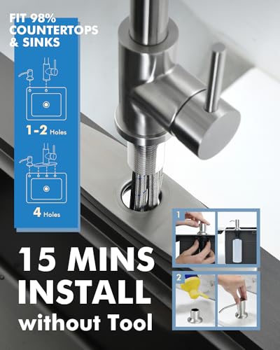 VFAUOSIT Kitchen Faucet with Pull Down Sprayer and Soap Dispenser | Deck Plate Included for 1–4-Hole Sinks, 3 Spray Modes, 20-Inch Hose, 360° Swivel, SUS304 Steel, 15-Minute Install - color: Brushed Nickel-05