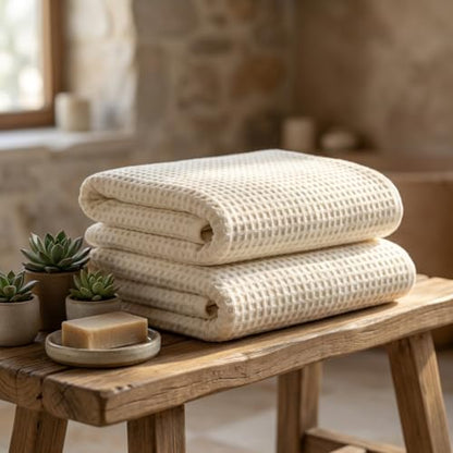 Bamboo Viscose Waffle Bath Towels - Pack of 2 - Ivory - 250 GSM – 100% Viscose Derived from Bamboo - Quick-Dry Waffle Weave - Spa & Gym Ready - Oeko-TEX Certified – Absorbent - Breathable - color: Ivory
