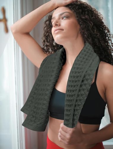 12 Piece Dark Green Waffle Bath Towel Set, 100% Cotton | Bathroom Towel Set, Highly Absorbent and Quick Dry, Soft Waffle Weave Towel, for Bathroom, Hotel, Spa, Gym Daily Use