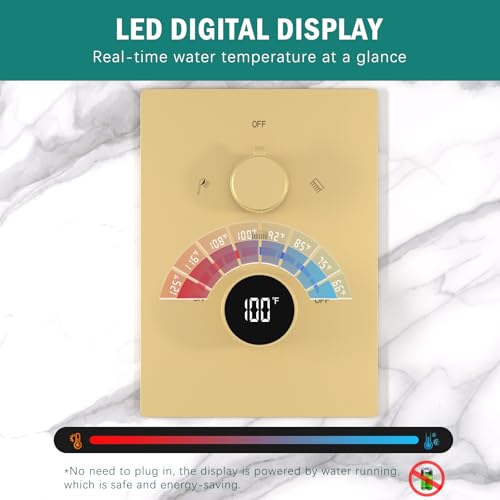 Digital Display Shower Faucet Set Brushed Gold Dual Heads LED Shower System | 14X20" LED Ceiling Shower with Light Remote & 6" Wall Mounted Shower Head & Dual Function Handheld Shower - color: Brushed Gold