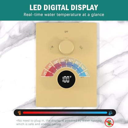 Digital Display Shower Faucet Set Brushed Gold Dual Heads LED Shower System | 14X20" LED Ceiling Shower with Light Remote & 6" Wall Mounted Shower Head & Dual Function Handheld Shower - color: Brushed Gold