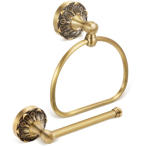 2 Pieces Set Antique Brass Toilet Paper Holder Retro Brass Hand Towel Ring Tissue Roll Paper Hanger Bathroom Hardware Wall Mounted Vintage Bathroom Accessories (Semi Circular) - style: Semi Circular