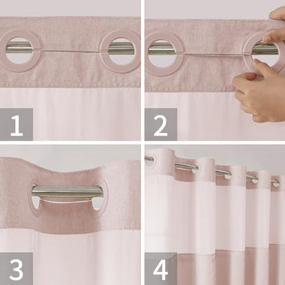 eachope No Hooks Needed Linen Textured Shower Curtain with Snap-in Fabric Liner Set,Blush Hotel Luxury Decor Shower Curtains for Bathroom with Mesh Top Window,Waterproof & Washable,71Wx74H | 230GSM Thick Fabric,Hotel Luxury Decor,Mesh Top Window,Magnetic