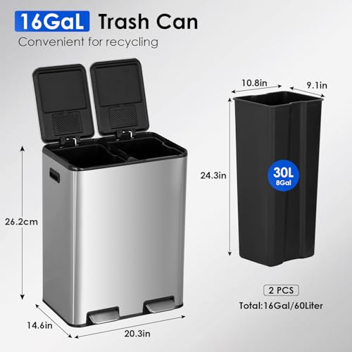 16 Gallon Stainless Steel Foot Pedal Trash Can,Rectangular Removable Inner Buckets Dual Compartment Recycling Large Capacity 60 Liter (30Lx2) Kitchen Garbage Can with Soft Close Lid for Kitchen Office - style: Dual Lid(60L)