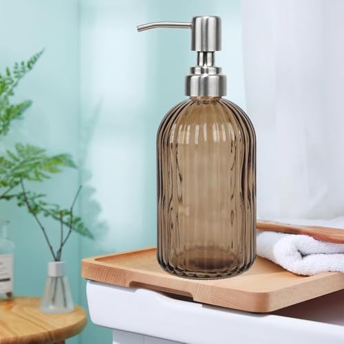 14Oz Brown Soap Dispenser Bathroom, 2 Pack, Stainless Steel Pump, Stripe | Clear Glass Hand Soap Dispensers, Refillable Dish Soap Dispenser for Kitchen, Countertop Soap Dispensers - color: Brown（2-pack）