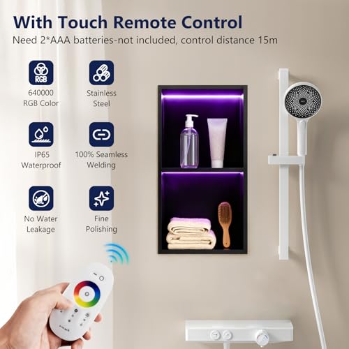 LED Shower Niche 12" X 24" RGB Shower Niche No Tile Needed | 304 Stainless Steel Shower Niche with Light, IP65 Waterproof Bathroom Niche for Shower, Remote Control, Static & Dynamic Mode - color: Matte Black-rgb, size: 12" X 24"