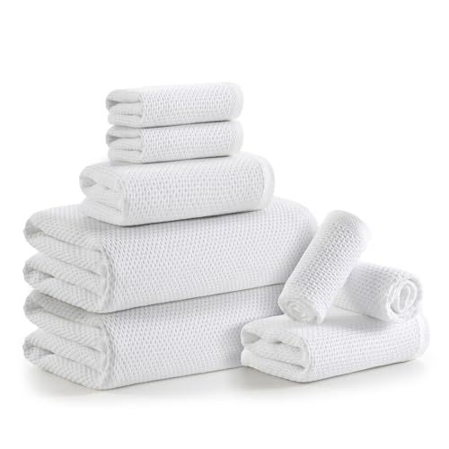REDKISS Quick Dry Waffle Towel Set of 8, 100% Cotton,Lightweight & Highly Absorbent Waffle Towels for Bathroom, Spa, Gym, Pool-2 Bath Towels, 2 Hand Towels & 4 Washcloths,White - color: White