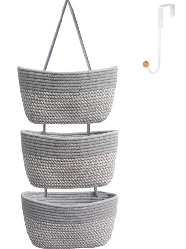 Over the Door Hanging Basket for Organizing 3 Tiers Woven Cotton Rope Wall Mount Storage basket Decorative Kitchen Hanging Organizer Bathroom include 1 door hook GrayStripe - color: Gray Stripe