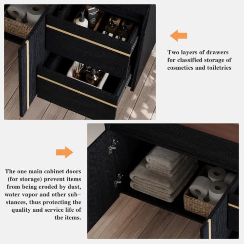 36" Wall-Mounted Bathroom Vanity with Sink, Floating Vanities Cabinet with Ceramic Basin Combo, Faux Marble Top Bathroom Sink Cabinet with 2 Doors and 2 Drawers, Plywood Frame, Walnut - color: Walnut