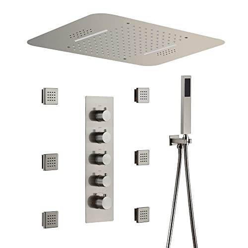 Cascada 15”x23” LED Shower System with built-in Bluetooth Speakers, 4 Functions (Rainfall, Waterfall, Body jets & Handheld) (Polished Stainless Steel) - color: Polished Stainless Steel