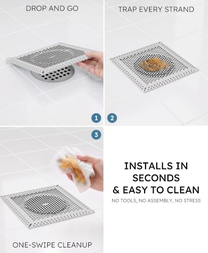 Square Shower Drain Hair Catcher, Efficient Drainage, Gray, 6 inch | 304 Stainless Steel and TPE Material/ Stays in Place / Easy Clean / Anti-Clogging / Fits Bathroom Hair Catcher for Shower - color: Gray, size: 6 inch