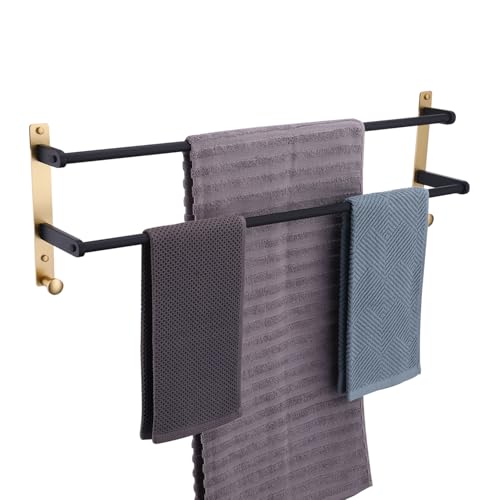 Double Towel Bar with Hooks, 30 Inch Long Towel Hanger - Stainless Steel Bathroom Towel Rack Wall Mounted, Black & Gold - color: Black & Gold, size: 30-Inch