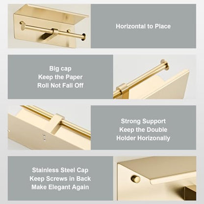 Brushed Gold Double Paper Holder with Shelf, Bathroom Toilet Roll Holder | Wall Mounted SUS 304 Stainless Steel Toilet Tissue Holder YIGUANXIN - color: Gold
