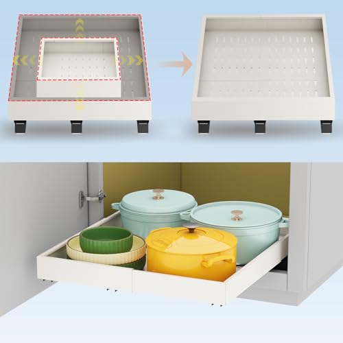 Fokyfok Pull out Cabinet Organizer,16"-21"W,13"-17"D,Expandable,Adhesive | No Drill,3 Rails,Roll out Drawers,Adjustable Slide out Shelves for Kitchen,Pantry,Framed and Framless Cabinets,White,1PC - color: White, size: (16"W-21"W)X(13"D-17"D)