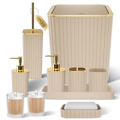 XLHOMO Bathroom Accessories Set - Gorgeous Bathroom Set, 10PC Beige Bathroom Accessory Set, Toilet Brush, Trash Can & Soap Dispenser - size: Bath Set, style: Beige&Gold