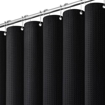 Extra Wide Waffle Shower Curtain 256 GSM Fabric 84x72 Black | 84 Inch Wide, Thick Cloth, Weighted Hem, Water Repellent, Hotel Luxury Polyester Shower Curtain Set for Bathroom 14 Hooks - color: Black, size: 84"W x 72"L (Pack of 1)