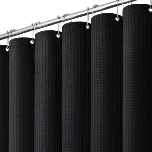 Extra Long Waffle Shower Curtain 256 GSM Fabric 72"x84" Black | 84 Inch Long, Thick Cloth, Weighted Hem, Water Repellent, Tall Hotel Luxury Polyester Shower Curtains for Bathroom 12 Hooks - color: Black, size: 72"W x 84"L (Pack of 1)