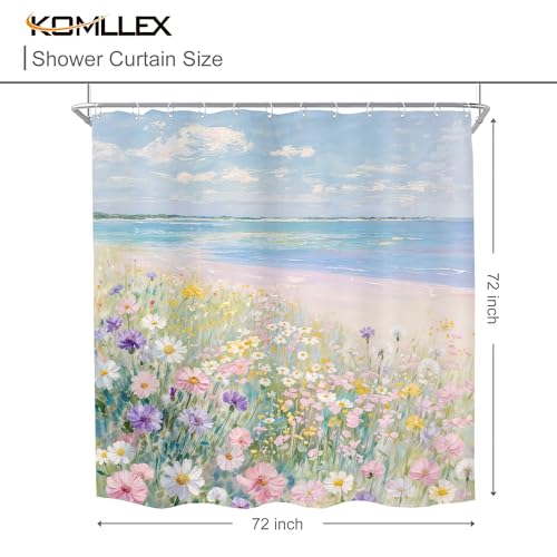 Ocean Beach Shower Curtain Wildflower Coastal Seaside Bathroom Curtain Set | 72Wx72H Blue Sea Floral Flower Girly Nature Path Bathroom Curtains Fabric Waterproof Polyester 12 Hooks - size: 72"W x 72"L (Pack of 1)