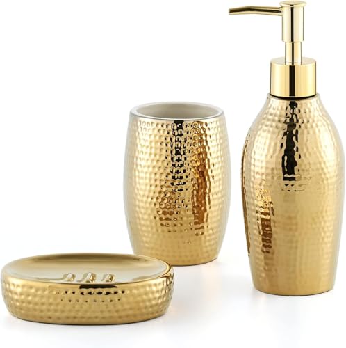 Gold Bathroom Accessory Set - 3 Piece Decorative Ceramic Bathroom Accessories Sets with Lotion Soap Dispenser, Toothbrush Holder/Tumbler and Soap Dish, Golden Gift Set for New Home Decor - size: water drop pattern