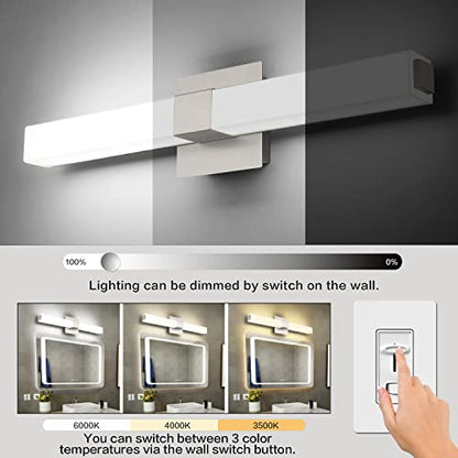24in Modern Bathroom Vanity Light, 3CCT Dimmable Nickel LED Vanity Lights Bar, 18W Bathroom Lighting Fixtures Above Mirror 3000K/4500K/6000K Selectable - color: Brushed Nickel - 3CCT Dimmable, size: 24 inch