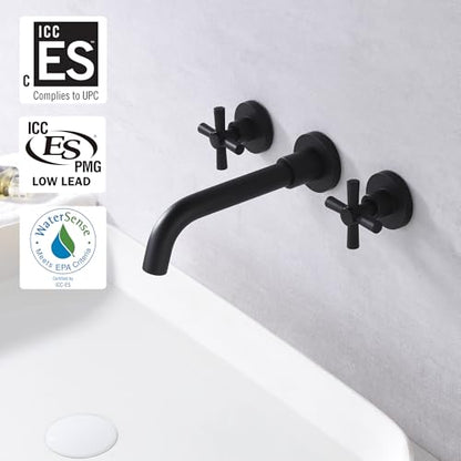 SUMERAIN Matte Black Bathroom Faucet, Wall Mount | 2 Cross Handles, 360°Swivel Spout, Rough-in Valve Included - color: Matte Black