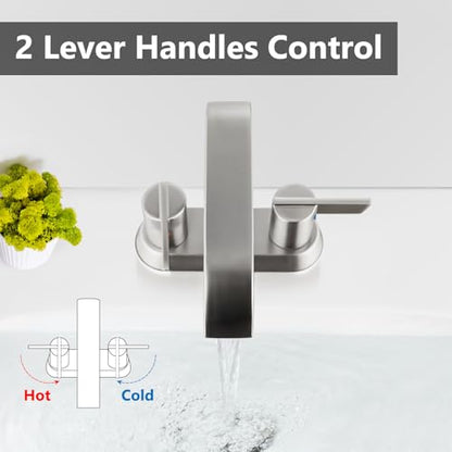 Brushed Nickel Waterfall Bathroom Faucet 4 Inch Centerset,2-Handle | Stainless Steel 3-Hole Deck-Mount Design Includes Supply Lines and Pop-Up Drain for a Complete Vanity Installation - color: Brushed Nickel