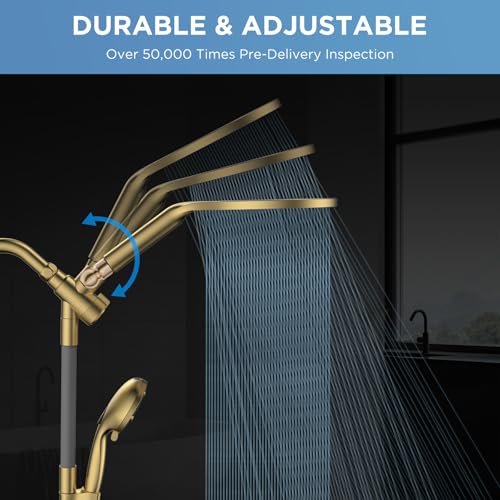 Dual Handheld Shower Head Combo, 2-in-1 Rain Shower Heads System 8 Inch Rainfall Shower Head and 10 Modes High Pressure Hand Held Showerhead with Built-in Power Wash - color: Gold, size: 8 Inch Standard