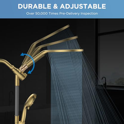Dual Handheld Shower Head Combo, 2-in-1 Rain Shower Heads System 8 Inch Rainfall Shower Head and 10 Modes High Pressure Hand Held Showerhead with Built-in Power Wash - color: Gold, size: 8 Inch Standard