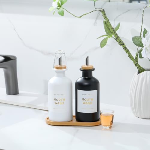 11.8OZ Mouthwash Dispenser, Set of 2 (Black/White) | Bamboo & Stainless Steel Pour Spout, Mouthwash Cups Reusable, Bamboo Tray, Elegant Gold Label - color: Black/White/350*2