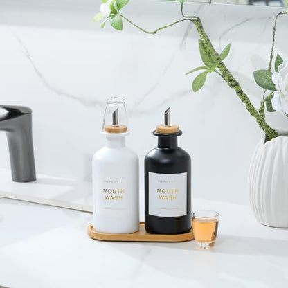 11.8OZ Mouthwash Dispenser, Set of 2 (Black/White) | Bamboo & Stainless Steel Pour Spout, Mouthwash Cups Reusable, Bamboo Tray, Elegant Gold Label - color: Black/White/350*2