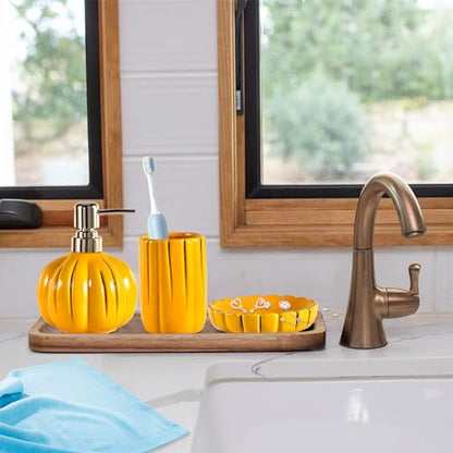 Fall Bathroom Accessories Set of 3, Thanksgiving Pumpkin Bathroom Decor, Ceramic Bathroom Sets Complete -Toothbrush Holders, Soap Dispenser, Soap Dish, Bathroom Organizer for Countertop - size: Pumpkin-Yellow