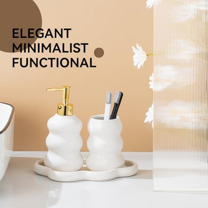 3-Piece Ceramic Bathroom Accessories Set with Sand Point Glaze Design - Tray, Lotion Dispenser, and Tumbler - Bring Nature to Your Bath - color: Beige