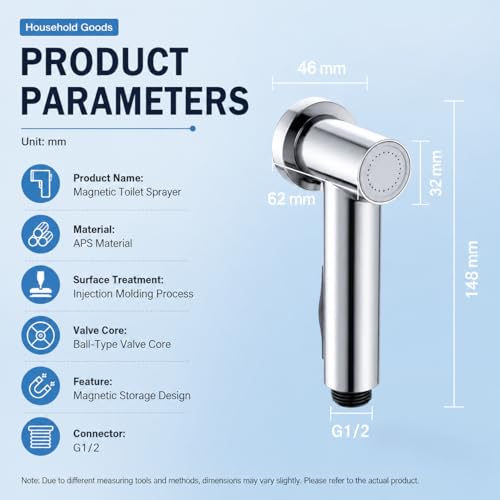 Handheld Bidet Sprayer for Toilet with Magnetic Wall Holder | ABS spray kit with adjustable water pressure, hose and T-valve for feminine hygiene, diaper cleaning and pet washing - color: Silver