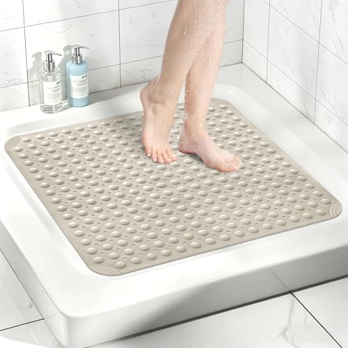 Square Shower Mat Non Slip: 32" x 32" Large Shower Mats for Inside Shower - Soft TPE Cuttable Anti Slip Shower Floor Mat with Drain Holes and Suction Cups - color: Khaki
