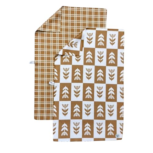 Kitchen Towels, Dish Towels for Kitchen, 2 Pc Kitchen Towel Set | Microfiber Waffle Towels, 16 x 26 inches, with Hanging Loops, Reusable Tea Towels, Cute Kitchen Towels - 2 Pack - color: Tan Checkered