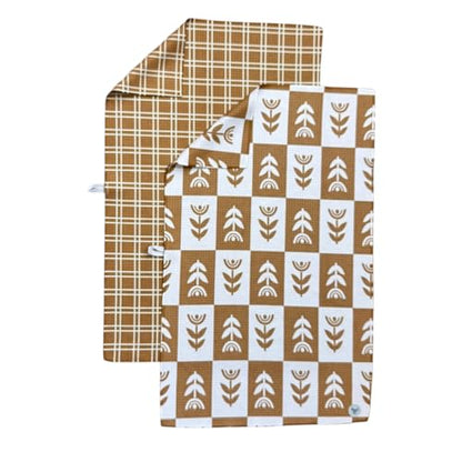 Kitchen Towels, Dish Towels for Kitchen, 2 Pc Kitchen Towel Set | Microfiber Waffle Towels, 16 x 26 inches, with Hanging Loops, Reusable Tea Towels, Cute Kitchen Towels - 2 Pack - color: Tan Checkered