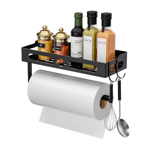 Wall Mount Paper Towel Holder with Shelf for Bathroom, Kitchen,Black 2Hooks | Metal Spice Rack, Easy One-Hand Tear Design Mounted Hanging Hand Paper Towel Roll Holder for RV, Home(Self Adhesive or Drill) - color: Black