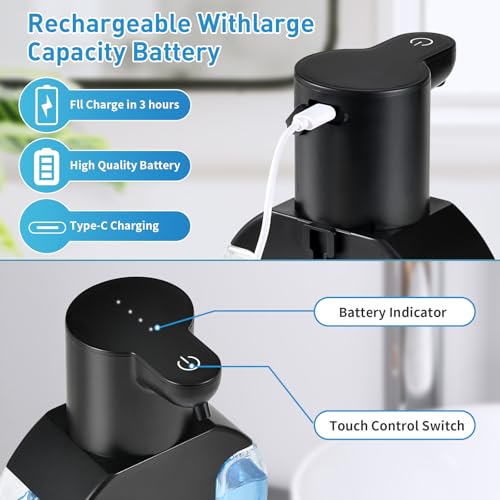 Automatic Foaming Soap Dispenser, 15oz/420ml Smart Hand Soap Dispensers, Touchless Wall Mount with 4-Level Adjustable, Rechargeable Foaming Hand Soap Dispenser for Bathroom Kitchen Office - Black-1 - color: Black-1