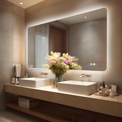60''x36'' Lighted Mirrors for Bathroom Wall Backlit Rectangular Rounded Corners, LED Bathroom Mirror Frameless with Lights Anti Fog, Dimmable, 3 Colors,Tempered Glass, Shatter-Prooff (Color 2) - color: Color 2, size: 60"L x 36"W