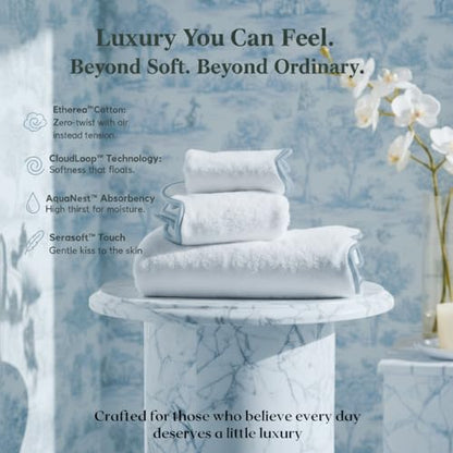 Lotus Linen Scallop Piping Towel Set of 6,100% Zero Twist Cotton, 2 Bath, 2 Hand Towels, 2 Washcloths, Hanging Loops, Soft Absorbent Bathroom Essentials (Dispenza Blue Piping, Towel Set (Pack of 6)) - color: Dispenza Blue Piping, size: Towel Set (Pack of
