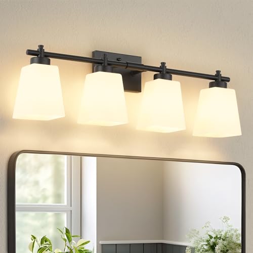 Bathroom Vanity Light, 4-Light 28 Inch Black Vanity Lights for Bathroom Over Mirror, Modern Metal Wall Sconce Lighting Fixtures with Milk White Square Shades, E26 Base(Bulbs Not Included) - color: Matte Black, size: 4-Light
